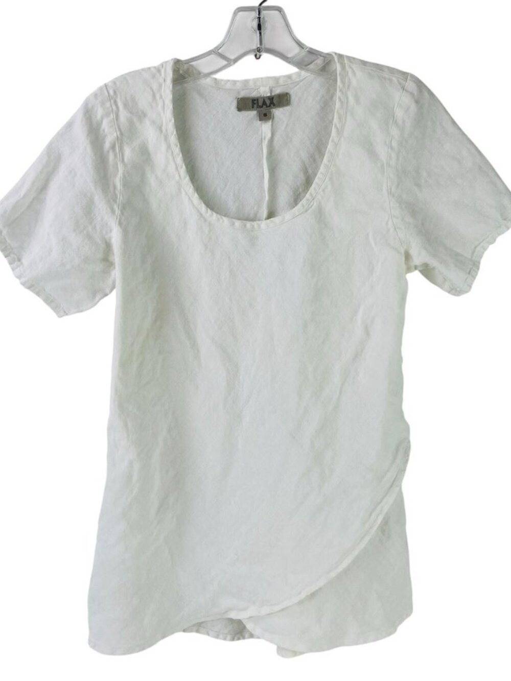 FLAX Womens Linen Top Short Sleeve Scoop Neck Crossover Hem Size S